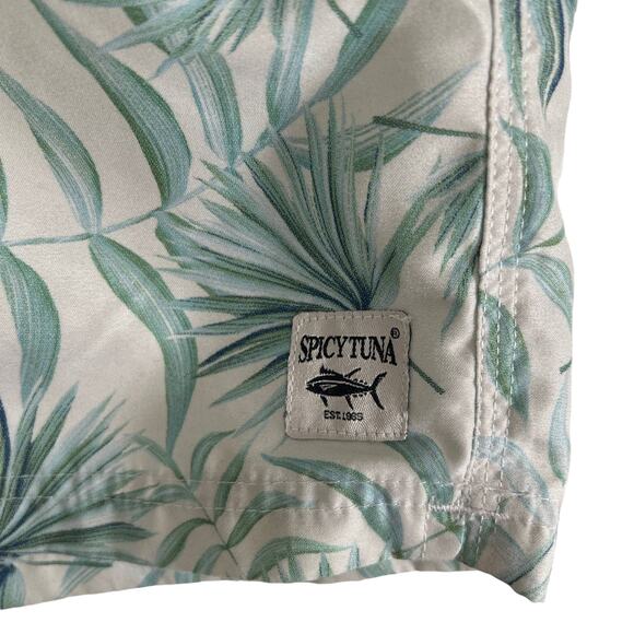 Spicy Tuna Swim Shorts Mens Size Medium Pockets Tropical Print White Green - Picture 2 of 7